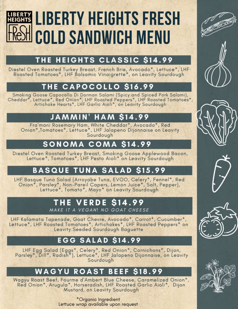 Liberty Heights Fresh Cold Sandwich Menu